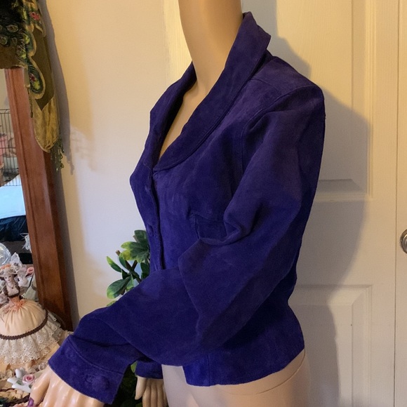 New Wave retro Vintage 80s purple genuine suede leather jacket size S M - Picture 11 of 13